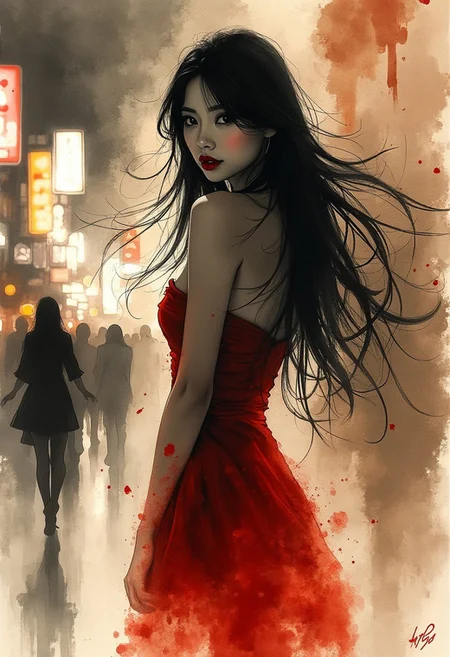 Expressive Watercolor Ink Wash, Inkplash art on rice paper, sepia, henna , Silhouette Art, magnificent, stunning japanese femme fatale, long flowing hair, sidelocks, dark eyeshadow, red lips, direct gaze, silhouetted at night, wearing sexy red cocktail dress, bokeh, chiascuro, dark abstract background of a blurred busy Tokyo backstreet