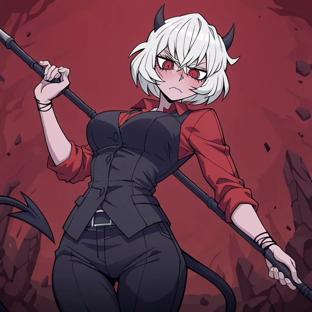 masterpiece, best quality, newest, absurdres, highres, anime, anime style, DPDV1.0, dynamic pose, polearm, holding polearm, holding weapon, weapon,
1girl, malina (helltaker), demon girl, short hair, white hair, horns, demon tail,
spear, holding spear,