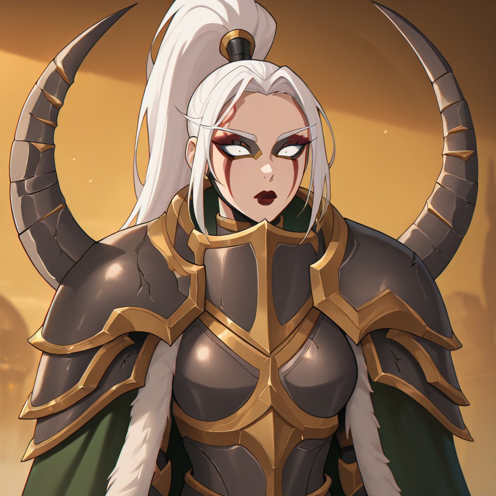 masterpiece, best quality, newest, absurdres, highres, 
anime, anime style,
1girl, NEPACK-Maiev-nohelmet-V1.1, white hair, ponytail, facial mark, lipstick, eyeshadow,
armor, cape, green cape, mask,white hair, ponytail, high taied ponytail,