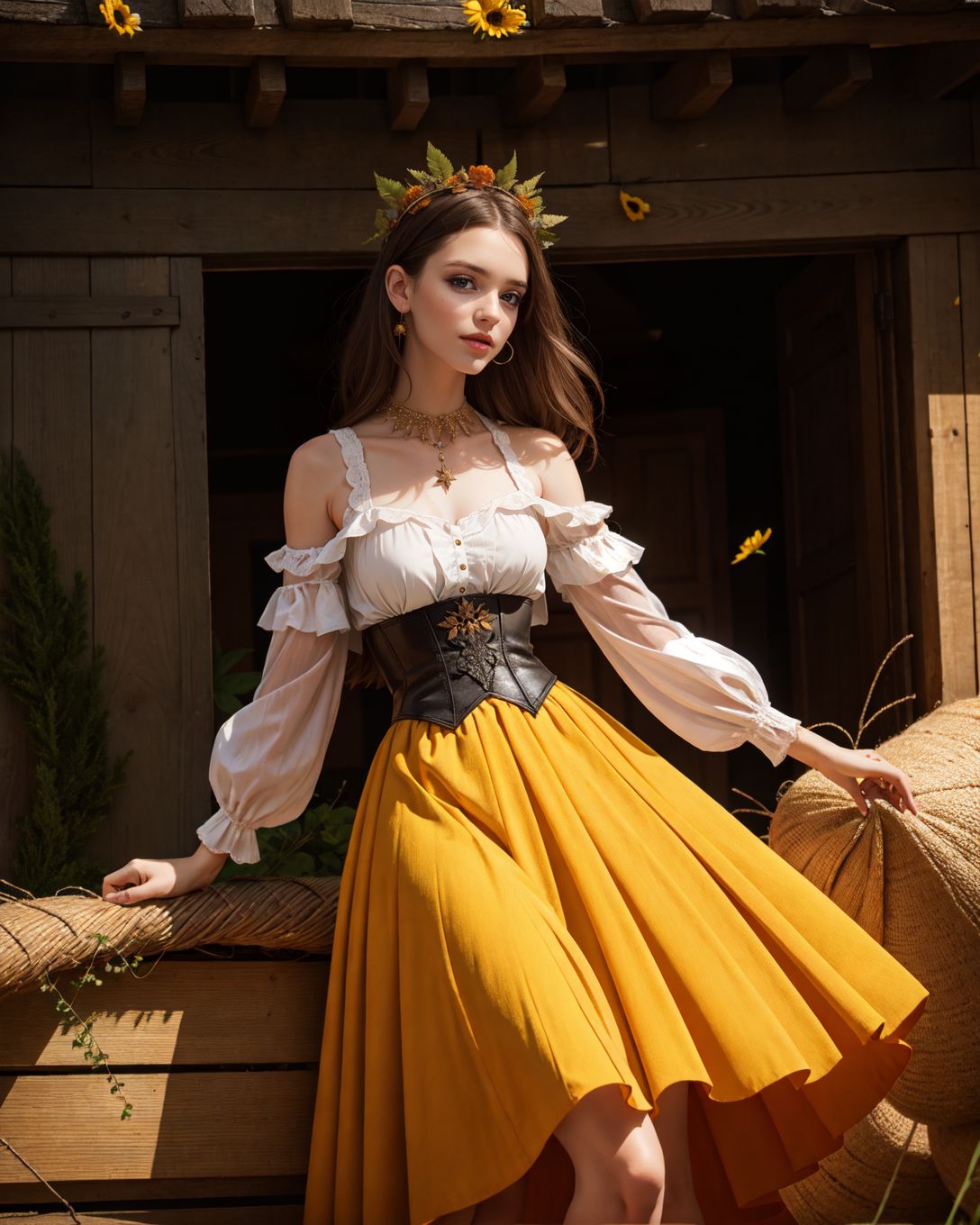 ([: ZM_eilish :0.3]:0.9),  Autumn Harvest Haute Couture, (style of Tim Walker) corset top pumpkin orange pleated skirts patchwork leather vest embroidered leaf motifs styled with tall boots and floral crown rural barn setting bales of hay warm sunlight crisp autumn air ethereal posing