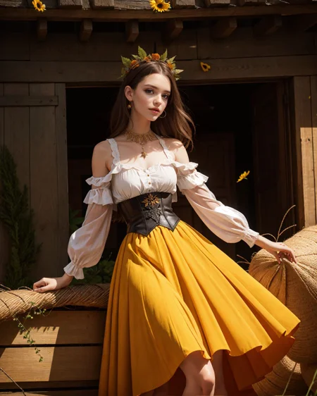 ([: ZM_eilish :0.3]:0.9),  Autumn Harvest Haute Couture, (style of Tim Walker) corset top pumpkin orange pleated skirts patchwork leather vest embroidered leaf motifs styled with tall boots and floral crown rural barn setting bales of hay warm sunlight crisp autumn air ethereal posing