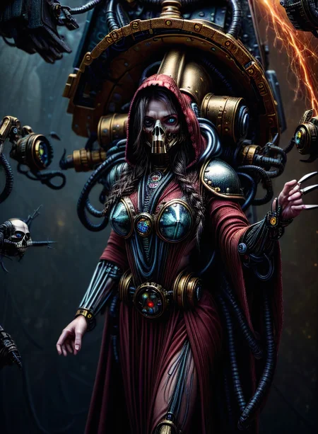 posing for camera,hyperrealistic,absres,8k,wallpaper art,
warhammer 40k,(25 year old woman, alternate hair color absurdly long hair french braid, blue eyes ,sigh) (skull, tube, science fiction, mask, extra arms, hood, robe, glowing eyes, mechanical arms,extra mechanical arms, steampunk, armor, techno-cultist hood)),best quality,detailed skin,metal reflecting light,techpriest,<lora:techpriest:1.4>,
8k uhd,dslr,harsh lighting,high quality,film grain,Fujifilm XT3,highly detailed background,sharp focus,detailed,extremely detailed,extremely intricate,illuminated by electric sparks:1.2,cinematic lighting,((detailed scenery, intricate scenery, inside spaceship,sparks, cables),,,,<lora:EnhancedDetail:0.5>,,,,,,,<lora:detail_slider_v4:0.9>,,,,,,,<lora:add_detail:0.7>,,,,,,,<lora:bloodvessel:0.5>,,,,,,,<lora:more_details:1>,,,,,<lora:MechanicusStyleAIp:1>,,,