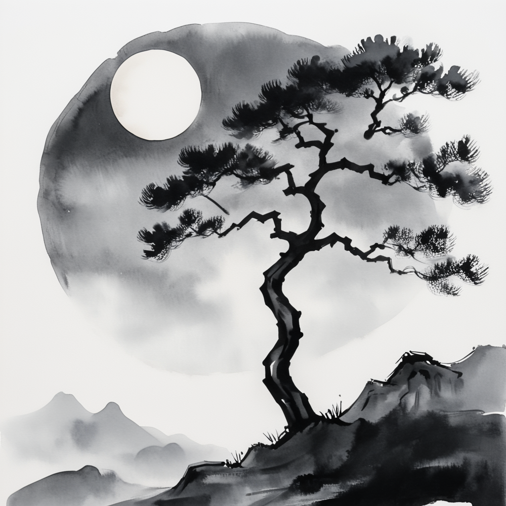 <lora:Zen_Ink_Wash_Sumi-eSDXL:1> ArsMJStyle, Zen Ink Wash Sumi-e, A lone tree standing on a hill under a full moon, monochrome, greyscale, minimal detail, white background, solitary, nature, traditional media, ink, solo.