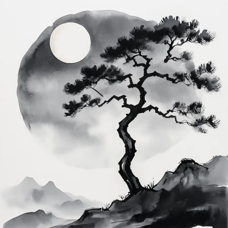 <lora:Zen_Ink_Wash_Sumi-eSDXL:1> ArsMJStyle, Zen Ink Wash Sumi-e, A lone tree standing on a hill under a full moon, monochrome, greyscale, minimal detail, white background, solitary, nature, traditional media, ink, solo.