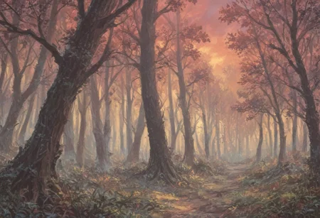 score_9, score_8_up, score_7_up, score_6_up, lanscape, very Peaceful, forest, large and tall trees, giant forest, sunset central focus is an ancient old oak tree