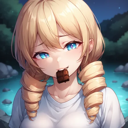 low-poly style, score_9, score_8_up, score_7_up, score_6_up, score_5_up, score_4_up, source_anime, 1girl, solo, chocolate_clothes, lip bite, pretty nostalgic face, twin drills, in a river, night, outdoors, <lora:muchinPonyXL32.0.94tx2-000006:0.75>, low-poly game art, polygon mesh, jagged, blocky, wireframe edges, centered composition