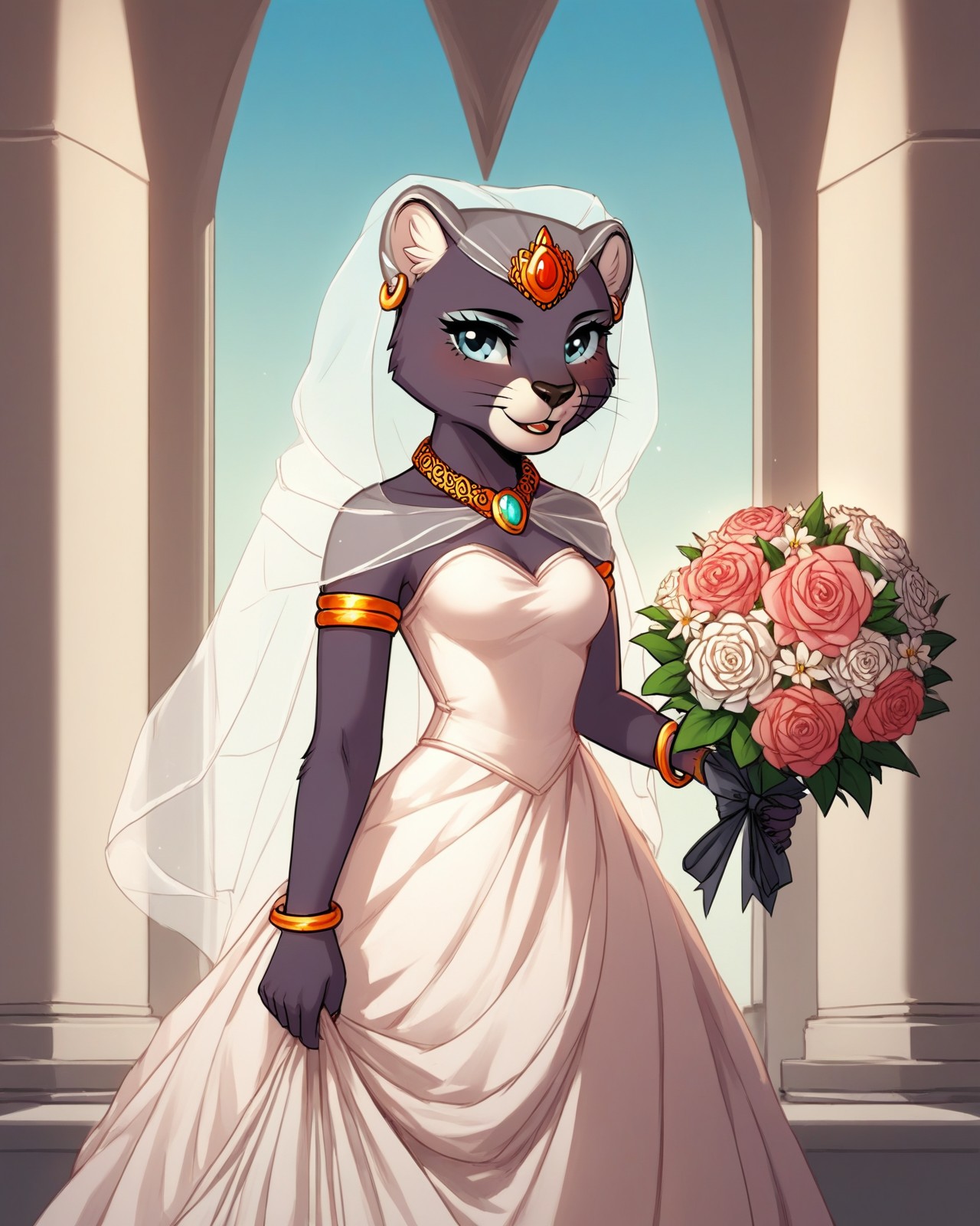 score_9,score_8,score_7,source_furry,
<1girl:1.5>,
<solo:1.5>,
princess_romy, romy_panther,jewel,panther, lion ears, bald, hairless, veil,
<lora:Princess_Romy_Pony_SDXL:1> princess_romy,, dress,
wedding dress,
Wedding,
necklace,
chocker,
bracelets,
<white dress:1.5>,
gold,
silver,
holding flowers,
bouquet,