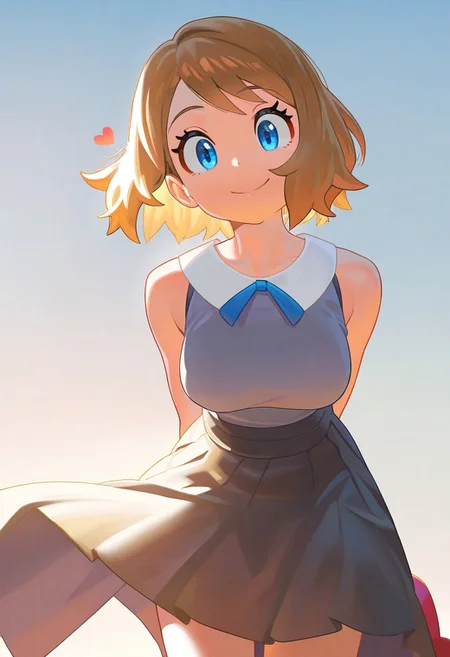 masterpiece, best quality, very aesthetic, high resolution, ultra-detailed, absurdres, newest, extremely detailed eyes, beautiful, perfect lighting, hi res, amazing quality, very awa, Brightly Lit, Highly Visible, 8k, sharp focus, beautiful, perfect lighting, volumetric lighting, scenery, painting_(artwork), PSTL_ST, 1girl, solo, looking at viewer, smile, short hair, bangs, blue eyes, skirt, simple background, brown hair, shirt, hat, white background, ribbon, holding, closed mouth, heart, sleeveless, vest, neck ribbon, leaning forward, arms behind back, blue ribbon, headwear removed, hat removed, holding clothes, holding hat, serena \(pokemon\)