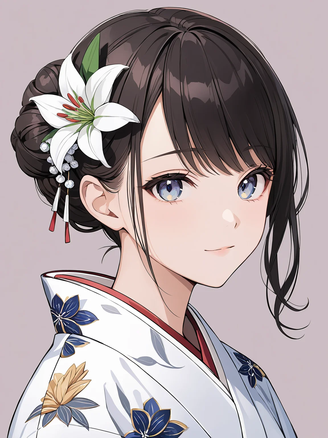 masterpiece,ultra-detailed,best quality,8K,illustration,cute face,clean skin ,shiny hair,girl,ultra-detailed-eyes,simple background, <lora:add-detail-xl:1>  <lora:kanzashi_XL_V1.0:0.6> kanzashi, hair flower,hair bun,kimono,lily