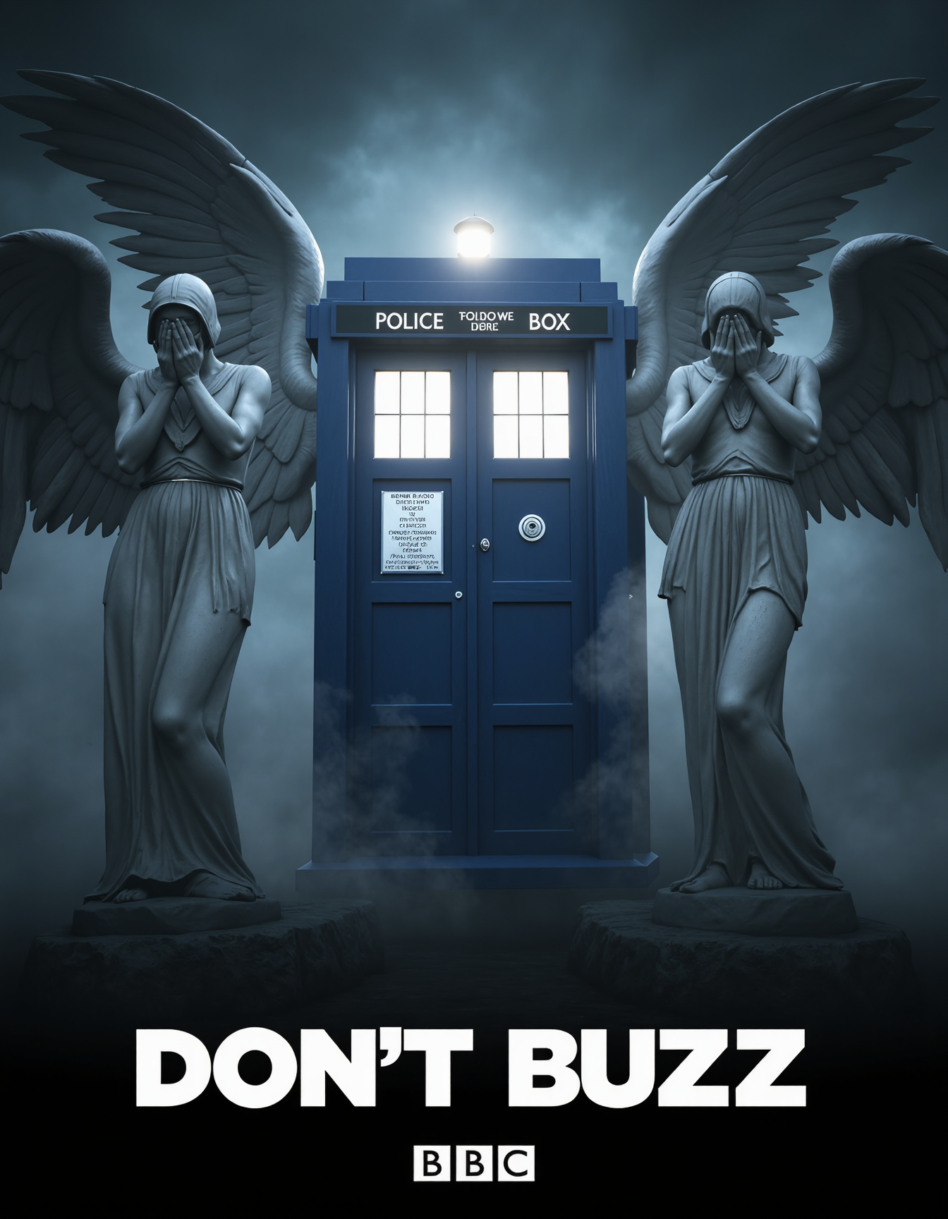 Realistic. A Doctor Who movie poster  with the Tardis \(doctor who\) in the center, surrounded by horrific statues of gothic draped angels, angels statues have large wings and are covering their eyes with hands.
Horror ambient, haze, dark, dim lighting.
((In the bottom of the poster the title in white letters is "DON'T BUZZ")), BBC logo