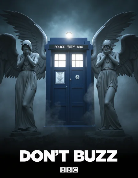 Realistic. A Doctor Who movie poster  with the Tardis \(doctor who\) in the center, surrounded by horrific statues of gothic draped angels, angels statues have large wings and are covering their eyes with hands.
Horror ambient, haze, dark, dim lighting.
((In the bottom of the poster the title in white letters is "DON'T BUZZ")), BBC logo
