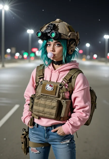 raw 2000's photograph of young woman wearing a modern military helmet equipped with night vision goggles The helmet has a camouflage pattern and is equipped with communication equipment, nightvision two tubes with green lenses above her eyeline, blowing a bubble of chewing gum, wearing tan military bulletproof vest with tactical pouches with hello kitty patch over pink hoodie with rolled up sleeves, high top sneakers, large tactical backpack, skinny jeans, tactical pouches on her hip, snowing empty parking lot at night, blue choppy layered hair with bangs in her eyes, lacy choker