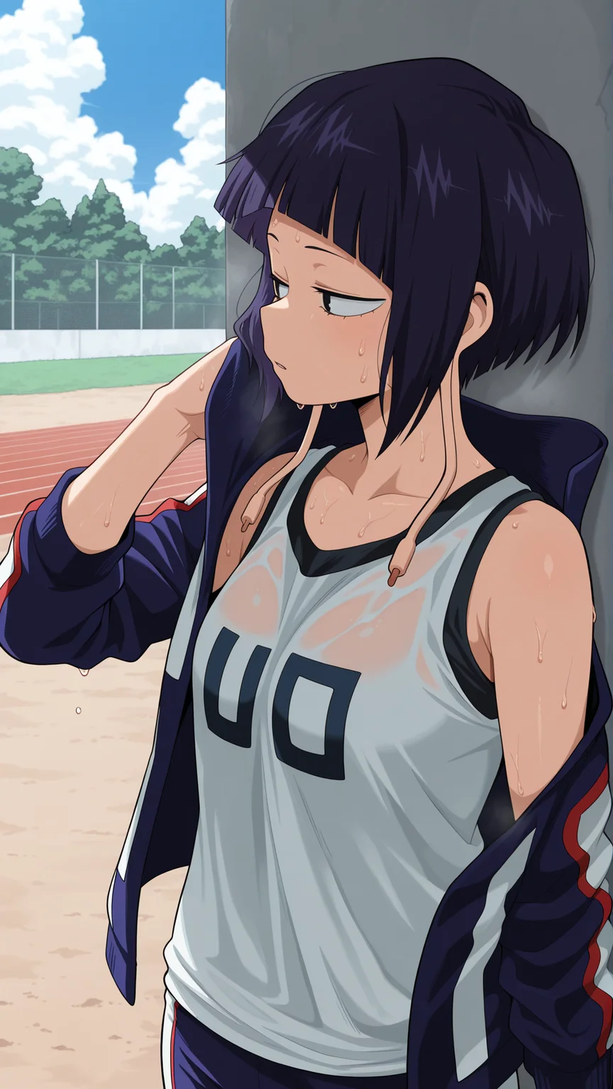 masterpiece, best quality, absurdres, amazing quality, 1girl, solo, <lora:IlluJirou:1> illujiro, short hair, bangs, long earlobes, purple hair, black hair, black eyes, u.a. gym uniform, outdoors, sweat, hot,open jacket, tank top,