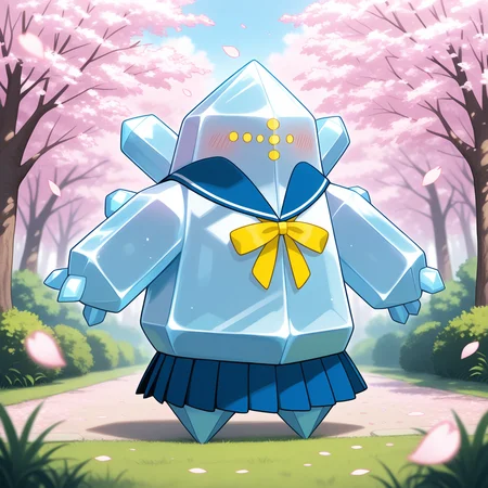 detailed, detailed_background, vibrant, amazing quality, beautiful quality, <lora:regice-15:1> (pregi), pokemon \(creature\), ice_body, symmetrical_design, crystal body, 1other, blush, cherry blossoms, falling petals, outdoors, solo, BREAK,
, ribbon, blue sailor collar, yellow ribbon, blue skirt, cosplay