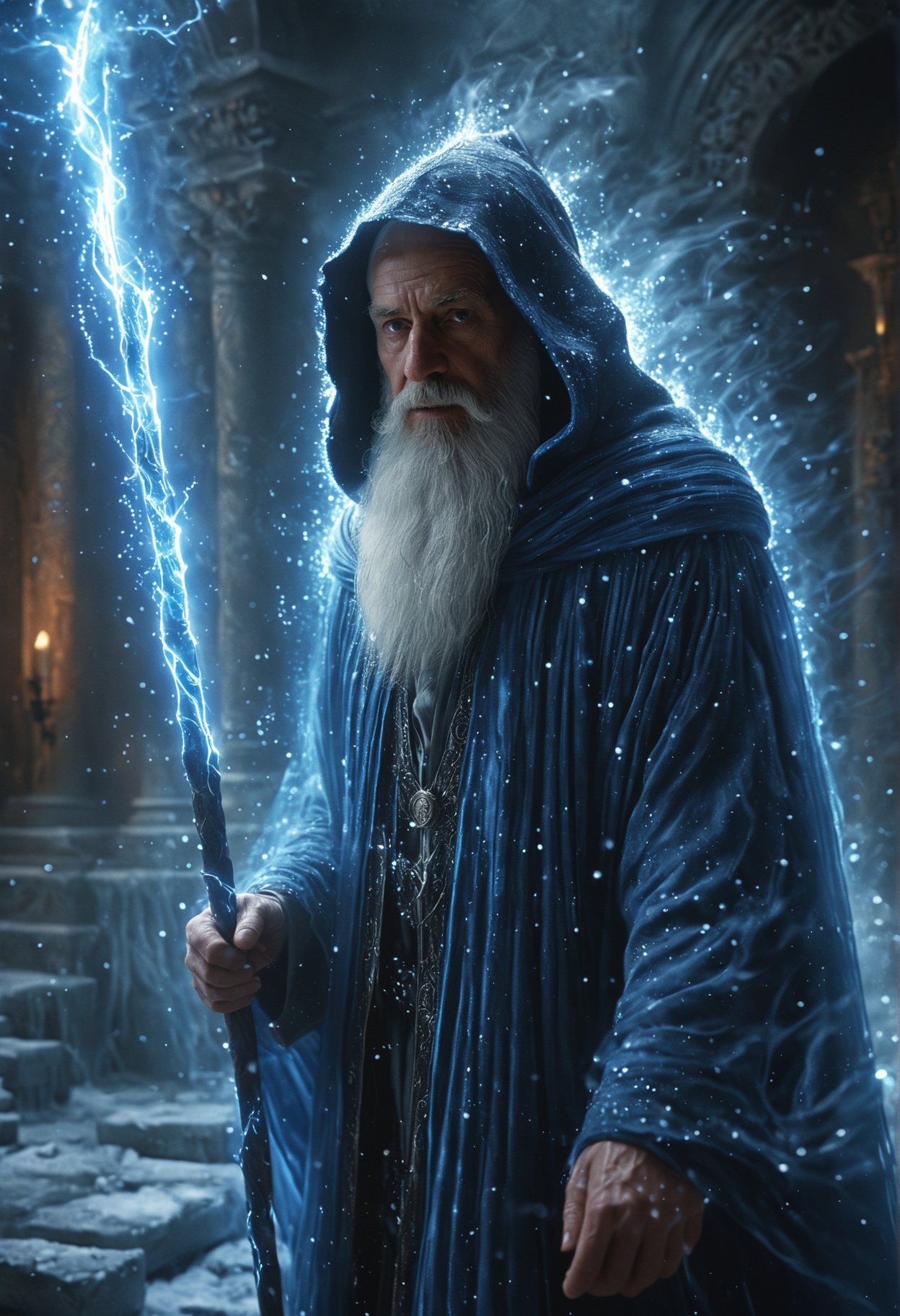 Astral Aura, (auralora:1.2), dark fantasy aesthetics, movie poster, centered composition, photography by Doug Aitken. A dark and moody face close-up of an old wizard standing in the halls of a temple ruins wearing a cloak is ((surrounded by sparks of ice shards)). The man has a long white beard and is holding a large magical staff that emits a bright blue light that shimmers on his face. Detailed face, detailed skin, skin texture, skin pores, (freckles:0.9). Dust particles, particle system. Gritty, raw, damp, liminal fog, shimmering light. A mesmerizing blend of light and shadows. <lora:Aurastronger_SDXL:1>, astral, colorful aura, vibrant energy