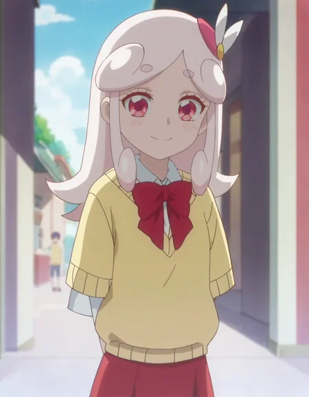 score_9, score_8_up, score_7_up, anime screencap, solo,1girl,kaguyahp, red skirt, yellow sweater,hair ornament, bow, school uniform,looking at viewer,cowboy shot,small breasts,smile,blush<lora:kaguyahp_pony:0.8>