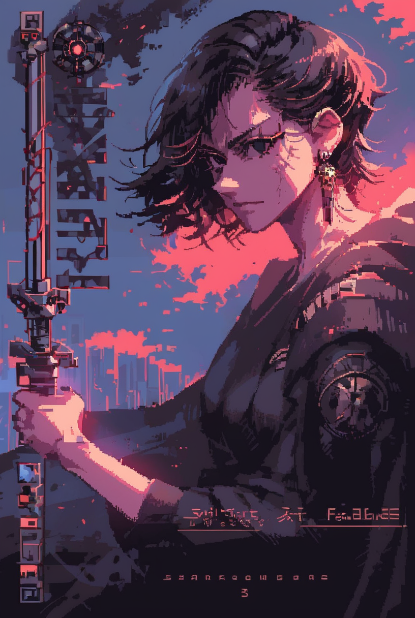 7-SWAnimated, 1girl, solo, looking at viewer, short hair, bangs, black hair, holding, jewelry, closed mouth, weapon, earrings, sword, cape, holding weapon, black eyes, character name, copyright name, holding sword, cloak, robe, animification, energy sword, lightsaber
retro wave, windows 98, synthwave
[reflections, dark lighting, hyper realistic, 4k, hd, high fantasy, concept art, woof, pixel art]
<lora:Star Wars Animated v1.0:1>    <lora:win98XLP:0.6> <lora:d3p1x3lXLP:1>