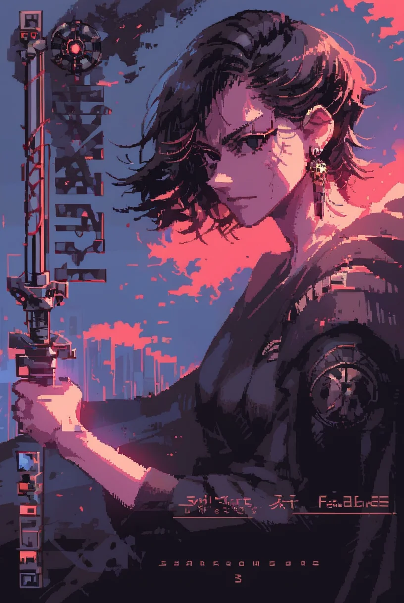 7-SWAnimated, 1girl, solo, looking at viewer, short hair, bangs, black hair, holding, jewelry, closed mouth, weapon, earrings, sword, cape, holding weapon, black eyes, character name, copyright name, holding sword, cloak, robe, animification, energy sword, lightsaber
retro wave, windows 98, synthwave
[reflections, dark lighting, hyper realistic, 4k, hd, high fantasy, concept art, woof, pixel art]
<lora:Star Wars Animated v1.0:1>    <lora:win98XLP:0.6> <lora:d3p1x3lXLP:1>