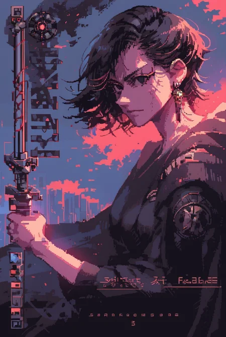 7-SWAnimated, 1girl, solo, looking at viewer, short hair, bangs, black hair, holding, jewelry, closed mouth, weapon, earrings, sword, cape, holding weapon, black eyes, character name, copyright name, holding sword, cloak, robe, animification, energy sword, lightsaber
retro wave, windows 98, synthwave
[reflections, dark lighting, hyper realistic, 4k, hd, high fantasy, concept art, woof, pixel art]
<lora:Star Wars Animated v1.0:1>    <lora:win98XLP:0.6> <lora:d3p1x3lXLP:1>