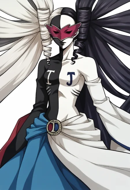 score_9, score_8_up, score_7_up, source_anime, BREAK <lora:zs_FE9PortraitsXL:1> fe9portraits, solo, cowboy shot, simple background, 1girl, <lora:zs_PriestessXL:1> thepriestessp3, colored skin, black skin, white skin, multicolored hair, black hair, white hair, very long hair, drill hair, twintails, mask, blue skirt, j, b
