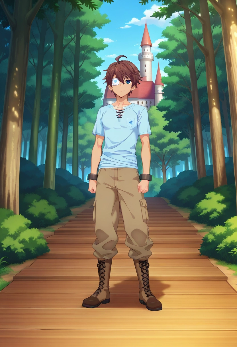 masterpiece, best quality, intricate details, anime screencap, anime coloring, , , , 1boy, solo, male focus, <lora:seto_aihara_ilxl:0.92>, seto_aihara, brown hair, blue eyes, short hair, ahoge, , forest castle, tree towers, leaf courts, wooden halls, noble pose, majestic expression, morning, Cuffed pants, Twill Linen Henley shirt, Boots, , Eye Patch and and