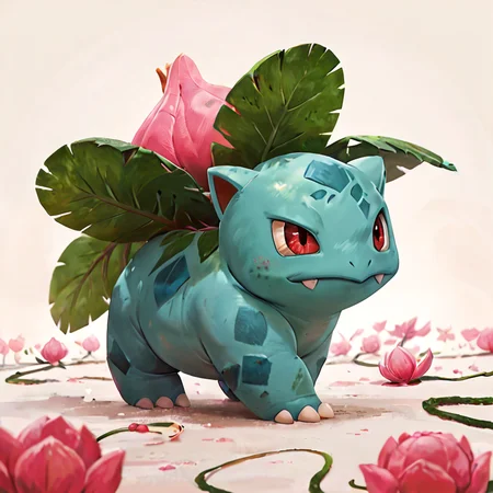 (ivysaur:1.1),score_9,score_8_up,score_8_up,source_furry,bud,a pink bud on the back,red eyes,green body,full body,simple background,(Green leaves on the back:0.8),(vines:0.6),3 toes,<lora:ivysaur:0.9>,pokemon \(creature\),claws,from behind,