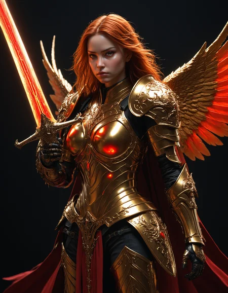 artiangel, battle angel, holding a huge red glowing magic sword, battle stance, female, glowing feathered wings, incredibly beautiful face, realistic and highly detailed eyes, long red hair, highly detailed, wearing an intricate golden heavy plate armor, detailed armored hands, intricate plate pauldrons, heavy plate bracers, plated pants, red cloak, simple background, dynamic medium full shot, cowboy shot, highly dynamic pose, side view, dramatic lighting, highly realistic
<lora:artiangel:0.5>