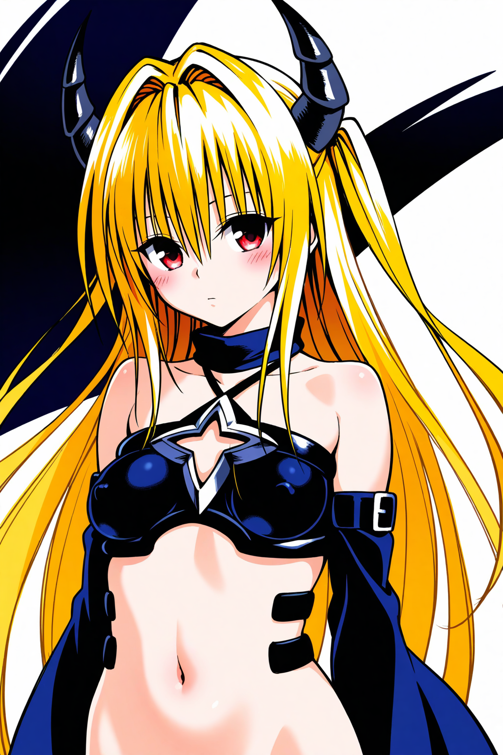 to love-ru, konjiki no yami, 1girl, bare shoulders, black choker, blonde hair, blush, breasts, choker, covered nipples, criss-cross halter, demon girl, demon horns, expressionless, eyebrows hidden by hair, floating hair, hair between eyes, hair intakes, halterneck, horns, long hair, medium breasts, navel, red eyes, simple background, sketch, solo, upper body, very long hair, white background, masterpiece, best quality, great quality, very aesthetic, aesthetic, absurdres