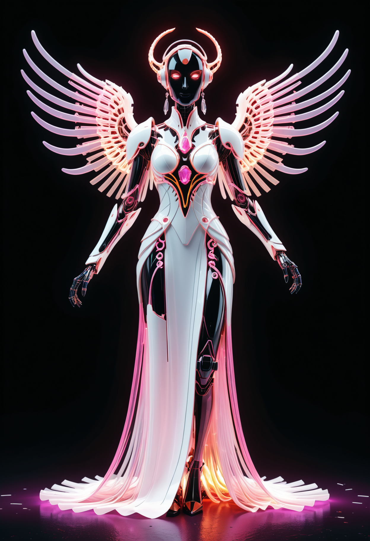 (Ombre color scheme of neon light purple,neon light pink ,white )  <lora:World_of_Filaments:0.8> made of, tiny neon filaments, w0f1l, futuristic, Lovecraftian women robot angel, fire wings, floating, white robe, red accents, flames under robe, character design, full body, intricate jewelry, gemstones, ruby, gold, volumetric lighting, cinematic, ornate, intricate detail, ultra-realistic