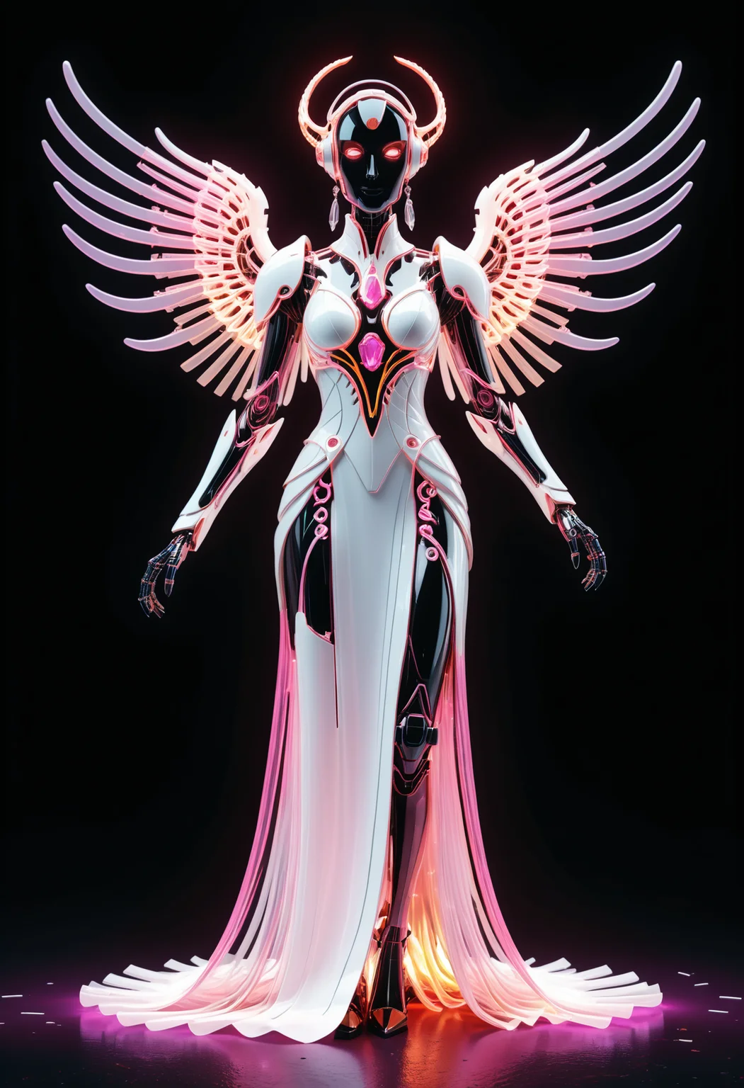 (Ombre color scheme of neon light purple,neon light pink ,white ) <lora:World_of_Filaments:0.8> made of, tiny neon filaments, w0f1l, futuristic, Lovecraftian women robot angel, fire wings, floating, white robe, red accents, flames under robe, character design, full body, intricate jewelry, gemstones, ruby, gold, volumetric lighting, cinematic, ornate, intricate detail, ultra-realistic