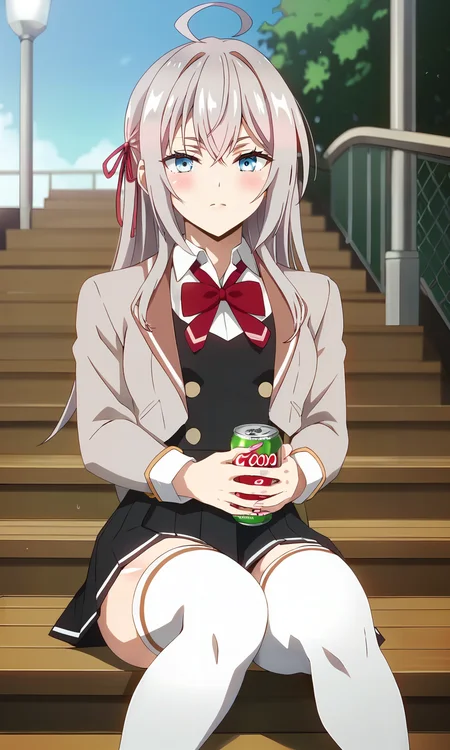 score_9, score_8_up, score_7_up, source_anime, zPDXL2, 1girl, hara \(harayutaka\),  BREAK
<lora:alisa_mikhailovna:1> alisa_wz, grey hair, ahoge, long hair, sidelocks,  blue eyes, breasts, hair ribbon, school uniform, collared shirt, white shirt, red bowtie, grey jacket, long sleeves, black skirt, miniskirt, pleated skirt, crossed bangs, open jacket, white thighhighs, zettai ryouiki, buttons, double-breasted, pinafore dress, black dress BREAK
school yard, outdoors, sitting on stairs, can, soda can, holding, :o, looking at viewer, light blush, blue sky, good hands, good eyes