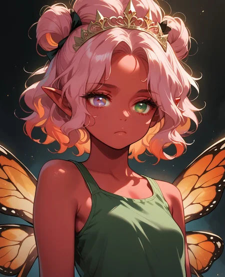 score_9, score_8_up, score_7_up, score_6_up, 1girl, solo, perfect hand, small breasts, (red skin:1.2), (tall:1.1), butterfly wings, pointy ears, flaming hair, curly_hair, medium hair, hair bun, light pink eyes, heterochromia, hair_bow, green tank top, dutch_angle, neutral_pose, glowing hair, bored, tiara