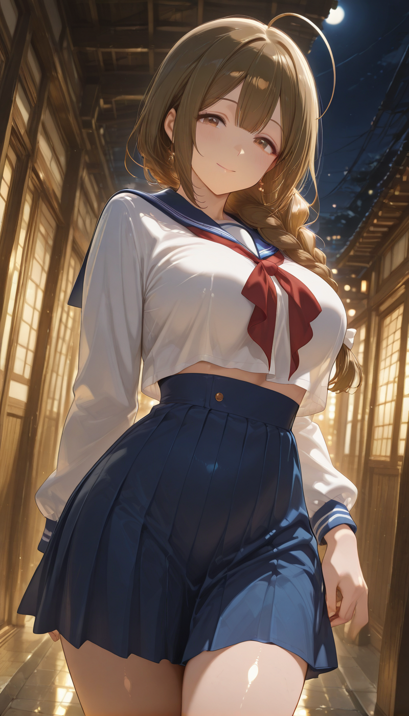 <lora:LCMTurboMix_Euler_A_fix:1> <lora:example_SDXL:0.3>, EZRealPONYXL,  <lora:Dramatic Lighting Slider:3>
DSLR,realistic,cosplay photo, (very awa,masterpiece,best quality,year 2024,newest,absurdres,highres:1), realistic,skin texture,facial features, photography shot with Canon EOS 5D Mark IV , realistic, RAW, best quality, masterpiece, amazing quality, skin details,
1girl, highly detailed beautiful face, large natural breasts,
detailed background, shiny skin, dutch angle, night, moonlight,
beautiful detailed eyes, intricate details, absurdres, anime screencap,
 <lora:KuwayamaChiyuki_IdolMaster_ILXL_kill0825:1>
IMKuwayamaChiyuki, long hair, breasts, large breasts, brown hair, brown eyes, ahoge, braid, hair bow, earrings, single braid, hair over shoulder, braided ponytail, long braid, 
shirt, skirt, long sleeves, bow, school uniform, white shirt, thighs, pleated skirt, serafuku, sailor collar, miniskirt, crop top, blue skirt, neckerchief, blue sailor collar, red neckerchief, high-waist skirt, midriff peek, cropped shirt, crop top overhang,
dynamic pose, smile,