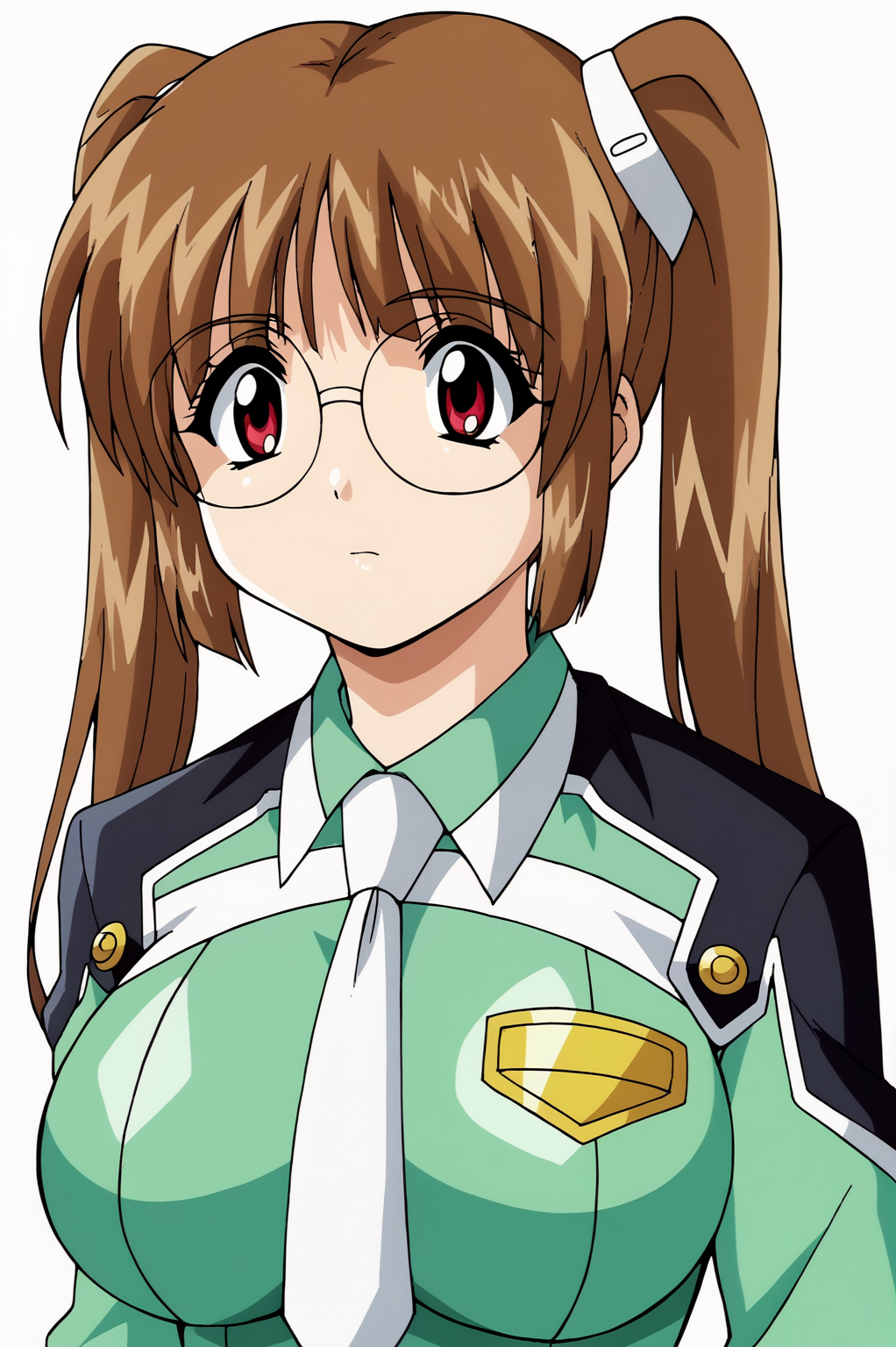 <lora:JoscoePOREvoPDXL:0.8>, white background,  Misha, solo, necktie, glasses, uniform, green shirt, white necktie