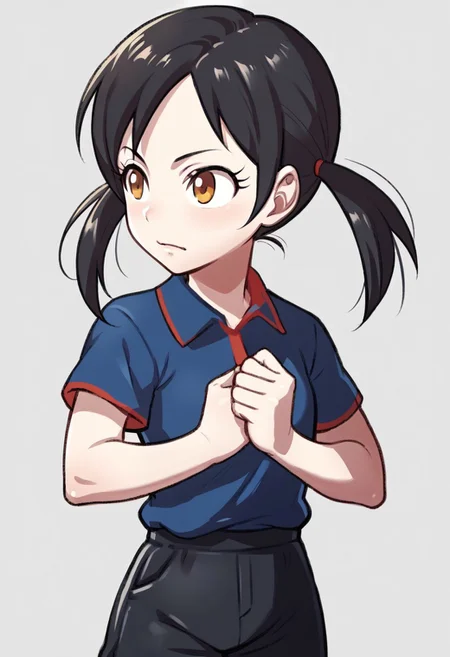 score_9, score_8_up, score_7_up, source_anime BREAK 1girl, solo, awakeningportraits, portraits, white background, plum,blue shirt, polo shirt, shorts,black hair,short twintails, simple background