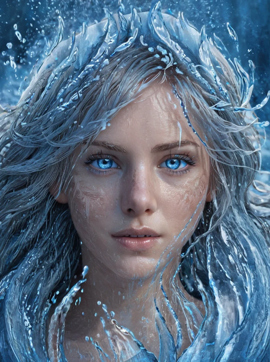 masterpiece,high resolution,detailed, <lora:water_xl:0.8> watermode,1girl,portrait,water style,ice hair,detailed,cinematic,looking at viewer,bright blue eyes,glowing blue eyes,fantasy