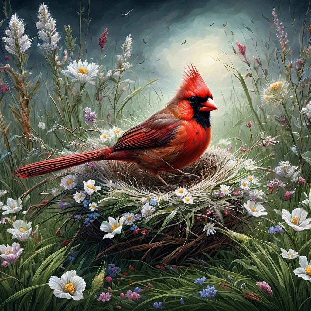 Stunning wild grass, 
flowers blooming, 
close-up bird cardinal and nest Epic cinematic brilliant stunning intricate meticulously detailed dramatic atmospheric maximalist digital modern painting
