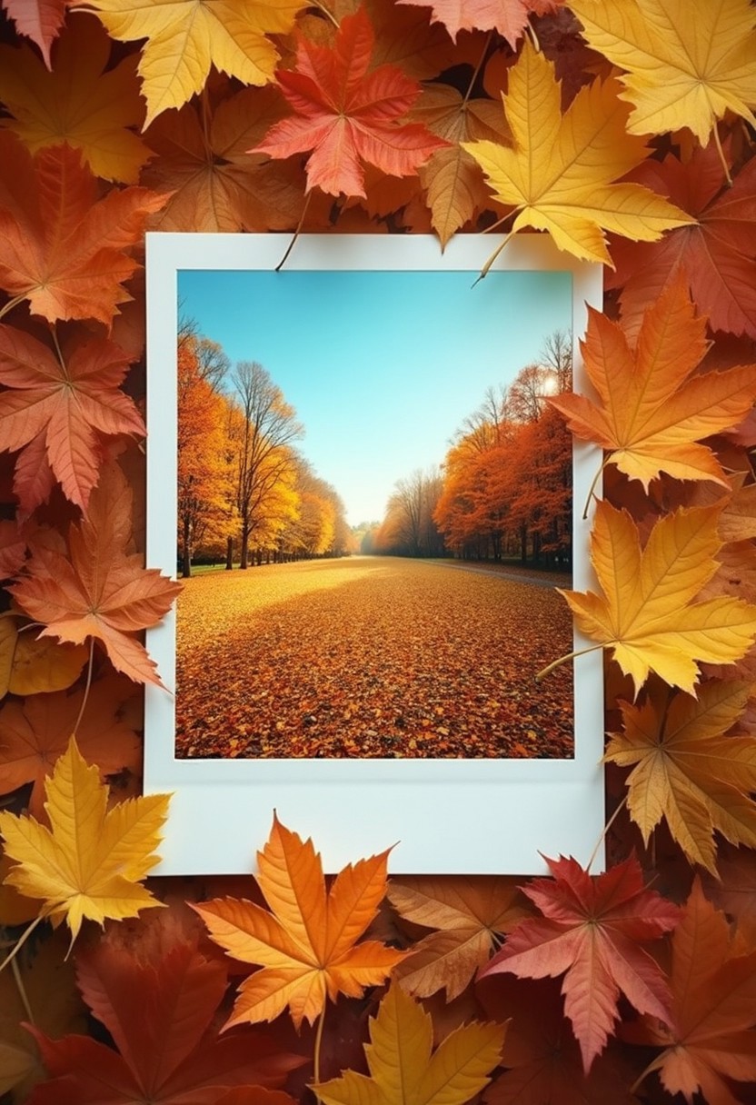 A high-quality,professional photo of a highly detailed depiction that captures the essence of autumn. The image features a large, square-shaped polaroid-style photo framed against a rich background of vibrant fall leaves. The leaves are shades of bright orange, yellow, and golden brown, covering the entire frame, creating a warm and cozy atmosphere. Inside the polaroid, a serene autumn landscape is shown, featuring an open field of fallen leaves, bordered by tall, colorful trees with autumn foliage in full display. The clear blue sky above adds contrast to the warm tones of the image. The composition creates a sense of nostalgia and beauty, with the crispness of the polaroid photo standing out against the softer, surrounding leaves