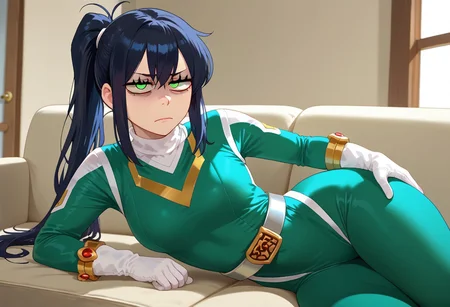 score_9, score_8_up, score_7_up, BREAK,
1girl, solo, sentaisaintforce, green bodysuit, silver belt, white gloves, spandex, m-shaped chest symbol, helmet removed, no headwear, reneegr, black hair, ponytail, sidelocks, long hair, green eyes, jitome, (bags under eyes:1.5), frown, annoyed, tired, looking at viewer, on side, hand on hip, indoors, room, sofa, Expressiveh