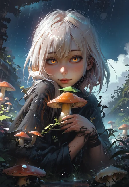 score_9, score_8_up, score_7_up, score_6_up, score_5_up, score_4_up, cute girl, mushroom to mushroom in a vast field of grassland, vines,bushes, vivid colors, vibrant, hair,  surreal images, unreal engine 5, higher resolution textures, 4k graphic resolution,photorealistic,HD32k, colorful,beautiful scenery,rain,starry sky,night, reflection,vivid colors,