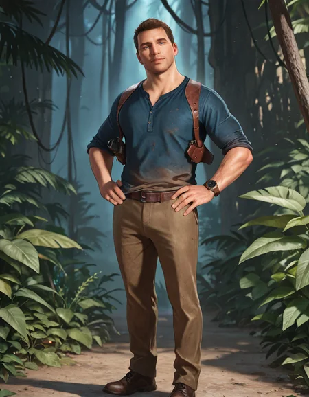 masterpiece, best quality, absurdres, newest, perfect quality, best quality, absolutely eye-catching, detailed background, intricate details, male focus, solo, realistic, <lora:Uncharted - Nathan - Illustrious-000006:0.8>, uncharteddrake, 1boy, mature male, very short hair, blue eyes, stubble, body hair, wristwatch, dark blue shirt, dirty shirt, sleeves rolled up, untucked shirt, outdoors, jungle, looking at viewer, head tilt, belt, shoulder holster, brown pants, brown shoes, hand on own hips.