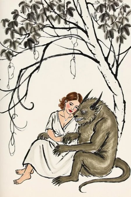 qbs1 ink wash minimalist painting.
regr1 sketch
A beautiful woman and a sleeping demon. The woman sits gracefully under a sprawling tree with lush, curving branches and hanging vines. Her expression is calm and serene as she gazes thoughtfully into the distance. Resting his head gently on her lap is a large demon with a powerful, otherworldly presence. The demon, though fearsome in size, appears vulnerable as he lies beside her. His skin has a muted, earthy tone, and his features--sharp and beastly--are softened by a look of weary contentment. His claws are retracted, and he exudes a mixture of strength and peace in her presence. The tree's twisted branches arc above them, framing the scene like a natural canopy. <lora:qbs1_cap_d6a3e12:1.0><lora:818433510621710187:0>