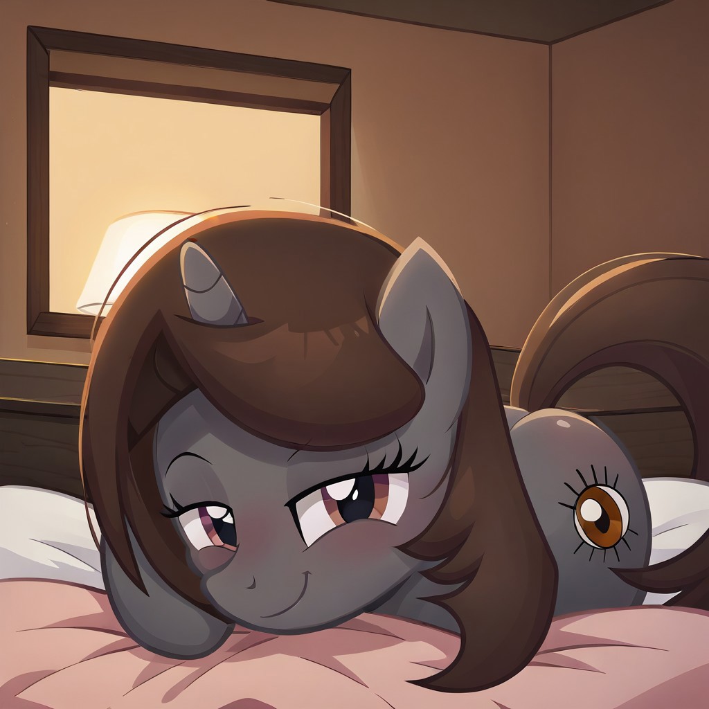 masterpiece, best quality, perfect detail, score_9, score_8_up, score_7_up, rating_suggestive, 1girl, source_cartoon, oc:sonata, pony, G4, female, show accurate, (inside bedroom), bed, on bed, solo, sexy, tail, lying on bed, night, butt, butt sticking out, exposed butt, ass up face down, 1/4 view, in heat, looking at you, smiling, closed mouth, lidded eyes, head facing you, head on