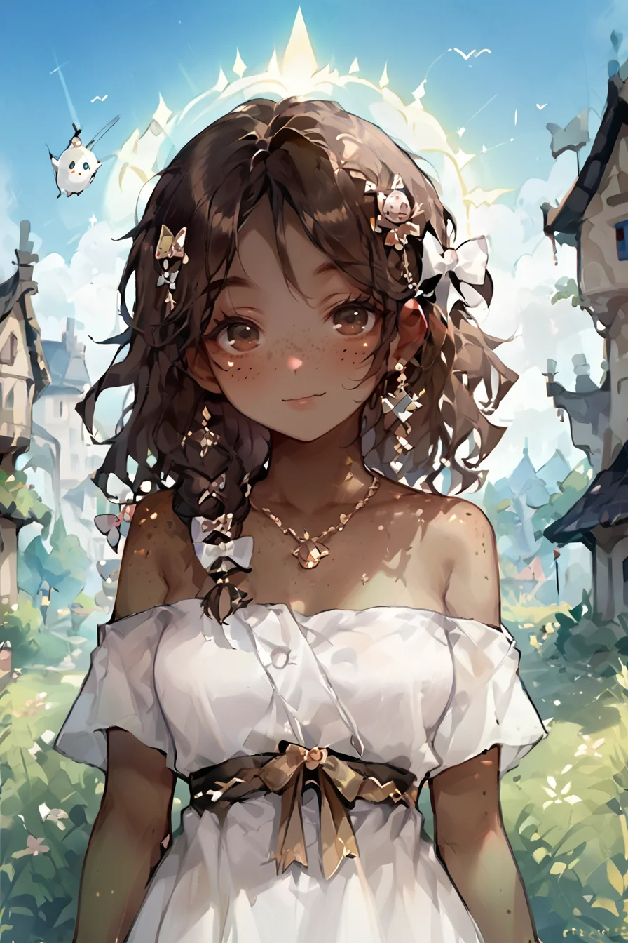 score_9, score_8_up, score_7_up, score_6_up, score_5_up, source anime, BREAK, (dark skin), brown hair, 1girl, solo, (freckles), castle town, outdoors, bare arms,  looking at viewer, smile, closed mouth, blush, breasts,  white robe,  <lora:rong_hui:0.9> <lora:SashaKHMEL_Style_Pony:0.7> <lora:p4st3lg0r3XLP:1> , p4st3lg0r3, hair ornament, jewelry, bow,   <lora:QUASARCAKEXLP6lokrV42310:0.55>