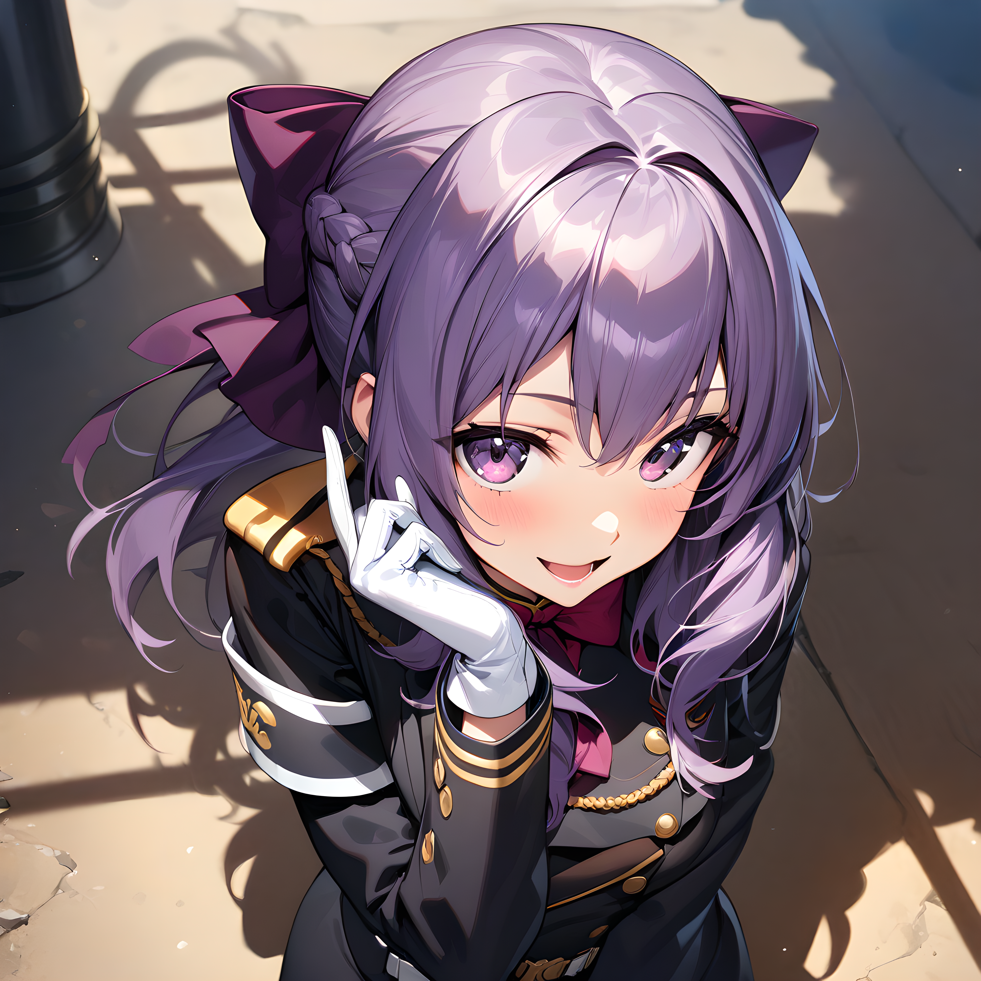 (masterpiece),(best quality),(ultra-detailed),(best illustration),(best shadow),(absurdres),(detailed background),(very aesthetic),  hiiragi_shinoa, 1girl, solo, purple hair, gloves, open mouth, bow, uniform, white gloves, smile, long hair, military uniform, military, hair bow, purple eyes, looking at viewer, smile, <lora:Shinoa:1>