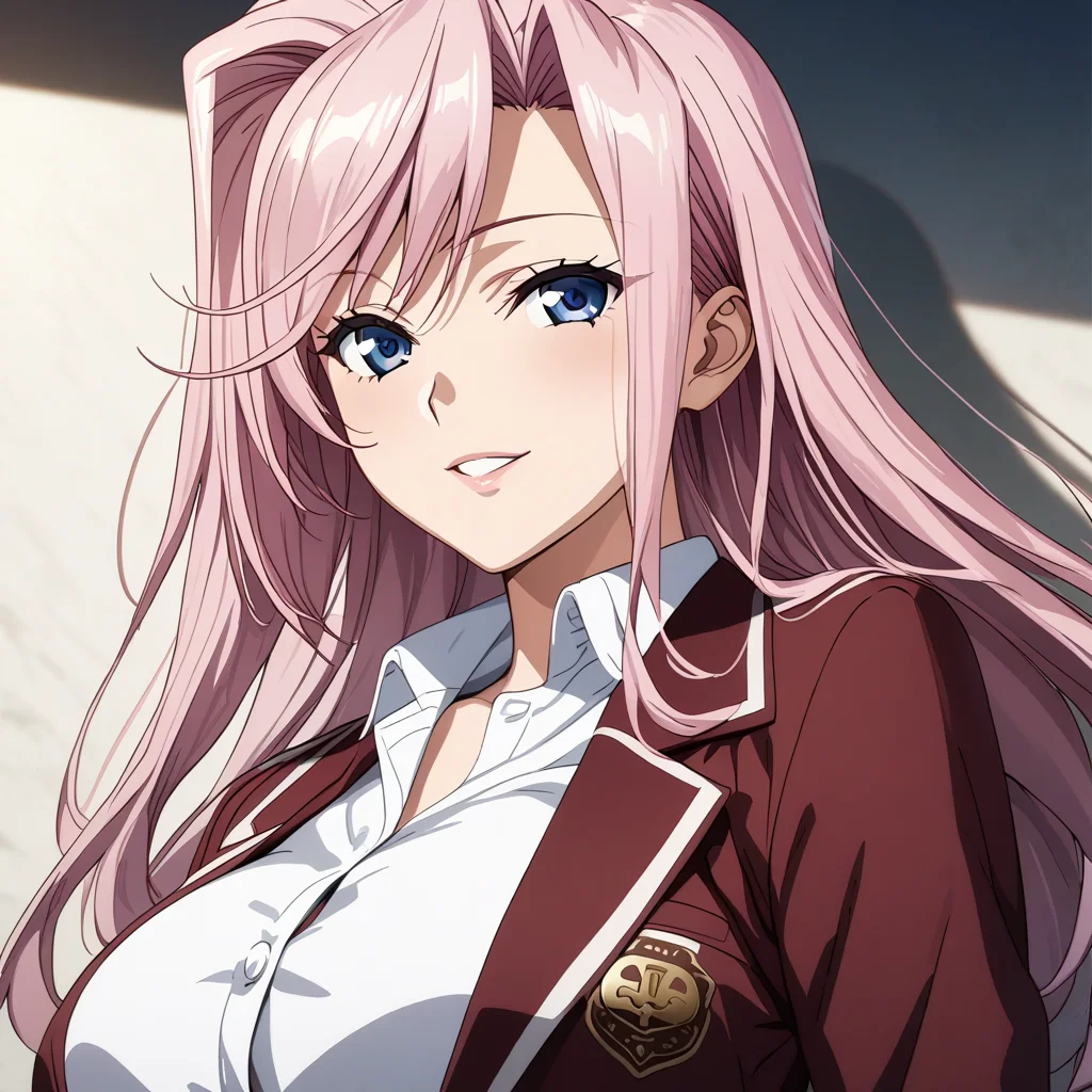 charlotte_hazelrink, 1girl, solo, pink hair, blue eyes, seductive smile, large breasts, school uniform, white shirt, red jacket, upper body, portrait, anime coloring, <lora:Charlotte_Hazelrink:1>, (masterpiece),(best quality),(ultra-detailed),(best illustration),(best shadow),(absurdres),(detailed background),(very aesthetic),