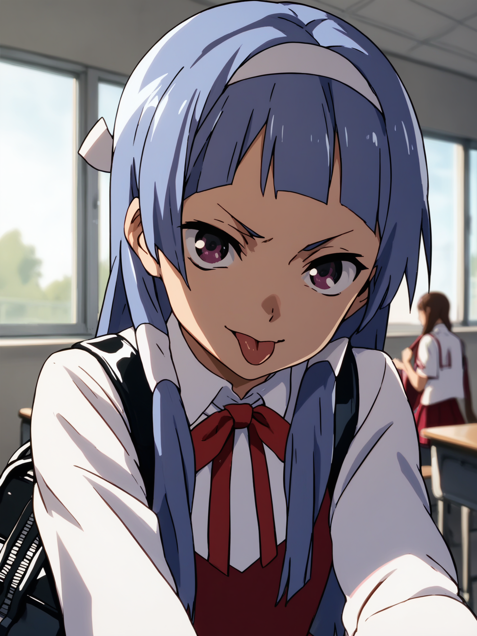 <lora:nagi-v0.1-000038:0.9>, ht_nagi, school uniform, classroom, school bag, tongue out, :P, cowboy shot, facing viewer, looking at viewer, score_9, score_8_up, score_7_up, score_6_up, score_5_up, score_4_up,
