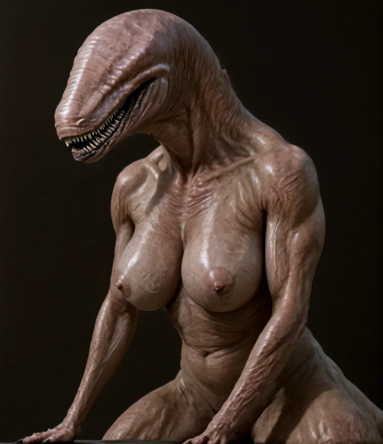 real e621, photorealistic, masterpiece, extreme realism, hyper-realistic, extreme detail,
BREAK
solo focus, drep: 1.1, three-quarters portrait, sharp teeth, large breasts, nipples,
BREAK
rough skin, detailed skin, wrinkled skin, calloused skin,
BREAK
dark background,
BREAK
<lora:Drep_Refined:1>