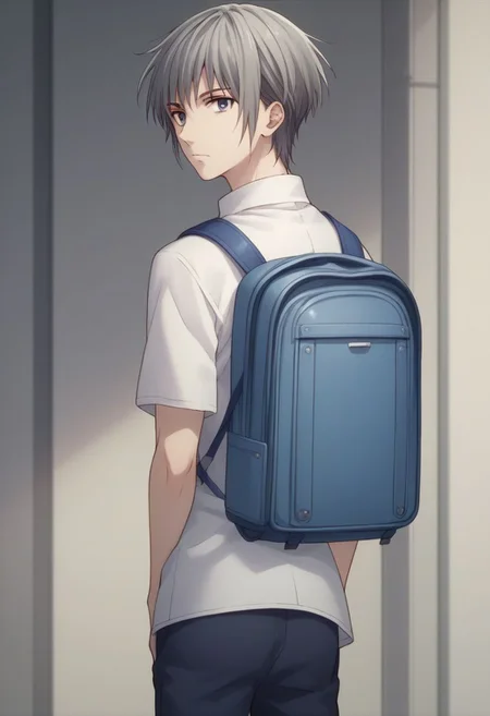 score_9, score_8_up, score_7_up, source_anime, highly detailed, 1boy, solo, male_focus, 
yuki_sohma, 1boy, male focus, solo, grey hair, grey eyes, looking at viewer, shirt, looking back, white shirt, short sleeves, backpack, school uniform, pants,