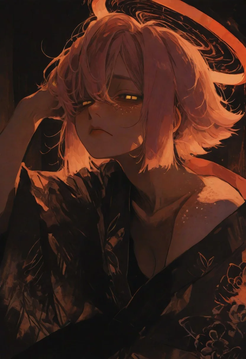 masterpiece,best quality,amazing quality,very aesthetic,newest,ultra detail, (score_9,score_8_up,score_7_up,score_6_up,rating_safe),hyper-detailed,ultra HD,cinematic lighting,(maeve:2.0),(looking at viewer:1.5),(pink hair:1.5),(deep emotional connection:1.4),(detailed facial features:1.4),(no fusion,no deformities,correct anatomy:1.5),sexy pose,dynamic pose,(yellow eyes:1.5), (glowing eyes:1.5),(Cat pupils:2.0),Detailed eyes, (white freckles:2.0),(glowing freckles:2.0),(short hair:1.5),wild and swaying hair, small breasts,(bare shoulder:1.5),(Hanging breasts),(black kimono:1.5),kimono open,(cleavage),(Tired expression:2.0),(dark circles under the eyes:2.0), (Sleeping face:1.5),(deeply distressed:1.5),(reflective,shiny,wet,oiled skin),(wet clothes:1.5,wet kimono:1.5),skin-tight clothing,(squinting eyes:1.5),tabi,Calf,plump lips,(Sitting:1.5), with one hand fixing hair, hand on floor ,side locks,makeup,floral print,(front-facing, direct view:1.5),(extreme close-up, eye focus:1.5),(Warm crimson ambient light:2.0), white circular halo perpendicular to the floor behind her head), <lora:illustrious_all_rated_v1:0.5><lora:ppw_v7_noobE11_6_r2_0.05:0.6><lora:nhl-001:0.6> nhl-001,limited palette,realistic,BREAK
Japanese house, Moody lighting,<lora:wasabi_natsume_style_r1:0.8> wasabi_natsume_illu,abstract, surreal,<lora:748cm_illu:0.4> 7481llu